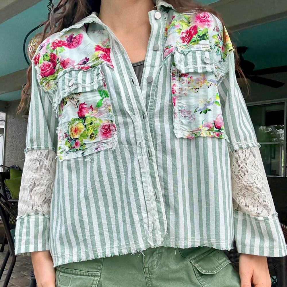 POL Floral Patchwork Striped Cotton Blouse